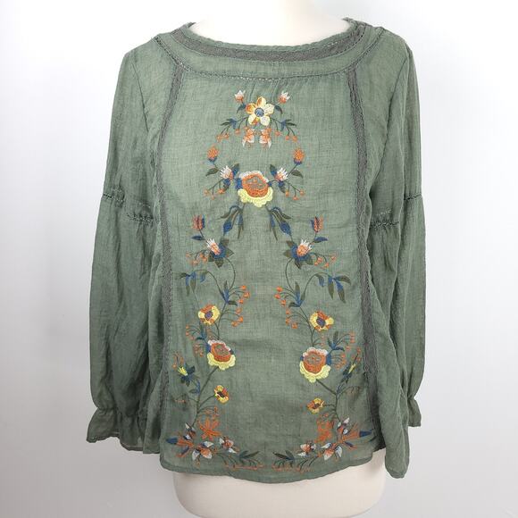 Umgee Green Floral Embroidered Peasant Blouse Long Sleeve Lightweight Small - Picture 11 of 11